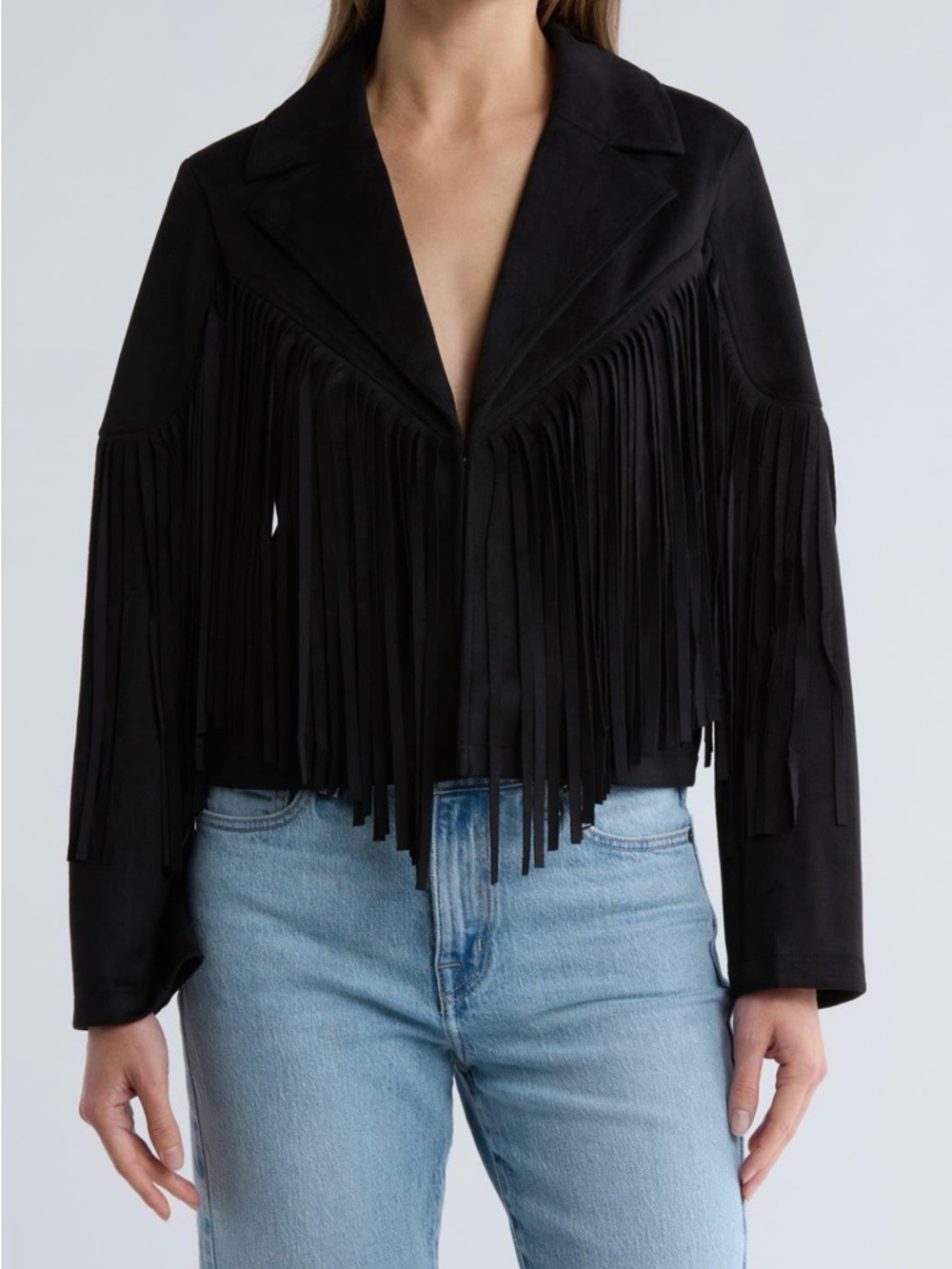 NWT - Lucky Brand Black Faux Suede Fringe Crop Jacket